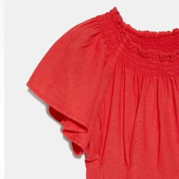 Zara Flowy Flutter Sleeve Linen Blend Midi Knee Length Dress, Coral Red, Size L - Picture 5 of 11